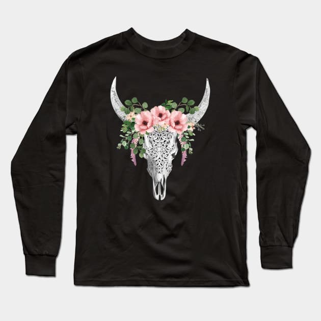 Cow skull floral 3 Long Sleeve T-Shirt by Collagedream